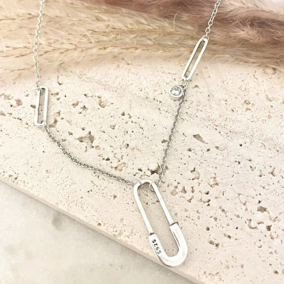 925 Sterling Silver Paperclip Necklace Safety Pin Necklace Modern Necklace - Picture 1 of 4